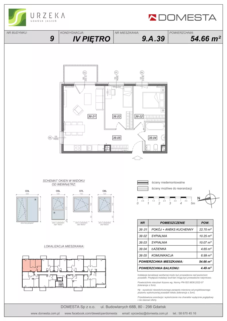 3 pokoje, mieszkanie 54,66 m², piętro 4, oferta nr 9.A.39, Urzeka - budynek 9, Gdańsk, Jasień, ul. Guderskiego / Czermińskiego