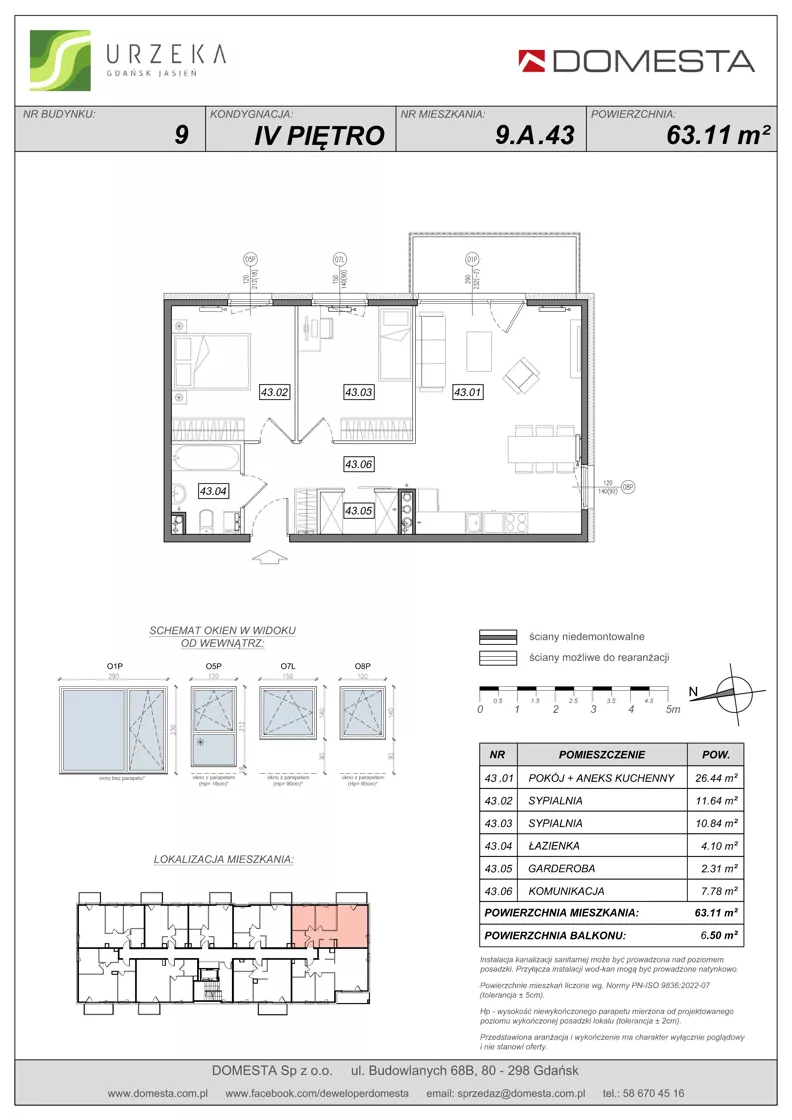 3 pokoje, mieszkanie 63,11 m², piętro 4, oferta nr 9.A.43, Urzeka - budynek 9, Gdańsk, Jasień, ul. Guderskiego / Czermińskiego