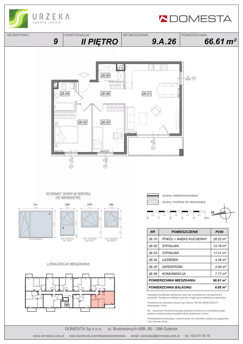 3 pokoje, mieszkanie 66,61 m², piętro 2, oferta nr 9.A.26, Urzeka - budynek 9, Gdańsk, Jasień, ul. Guderskiego / Czermińskiego
