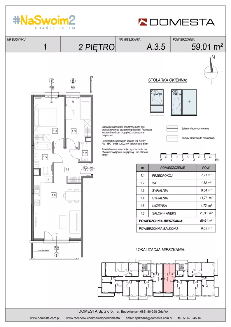 3 pokoje, mieszkanie 59,01 m², piętro 2, oferta nr A.3.5, #NaSwoim2, Gdańsk, Chełm, ul. Ptasia 22