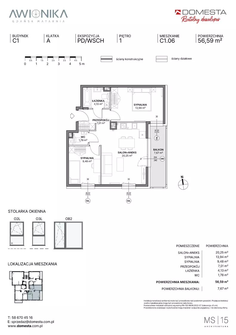 3 pokoje, mieszkanie 56,59 m², piętro 1, oferta nr C1.06, Awionika, Gdańsk, Matarnia, ul. Radiowa