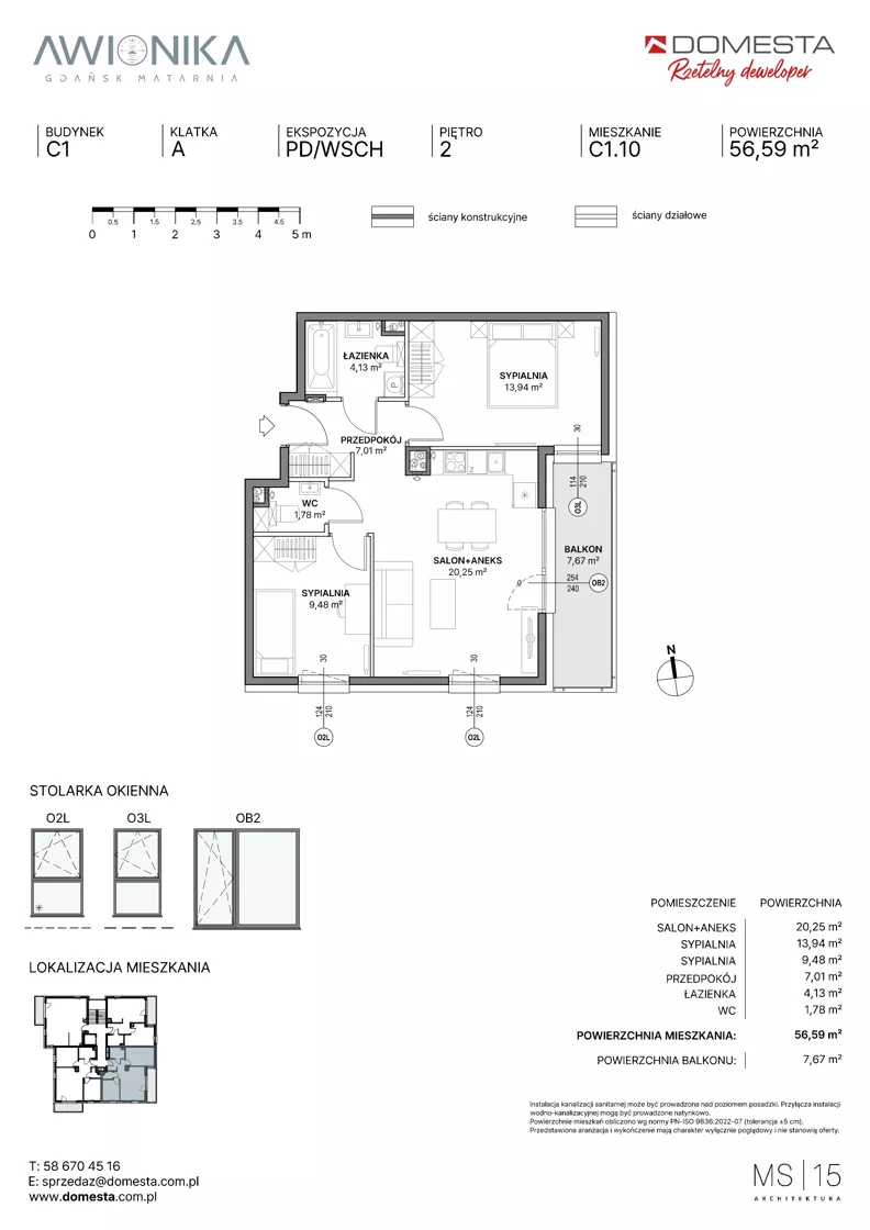 3 pokoje, mieszkanie 56,59 m², piętro 2, oferta nr C1.10, Awionika, Gdańsk, Matarnia, ul. Radiowa
