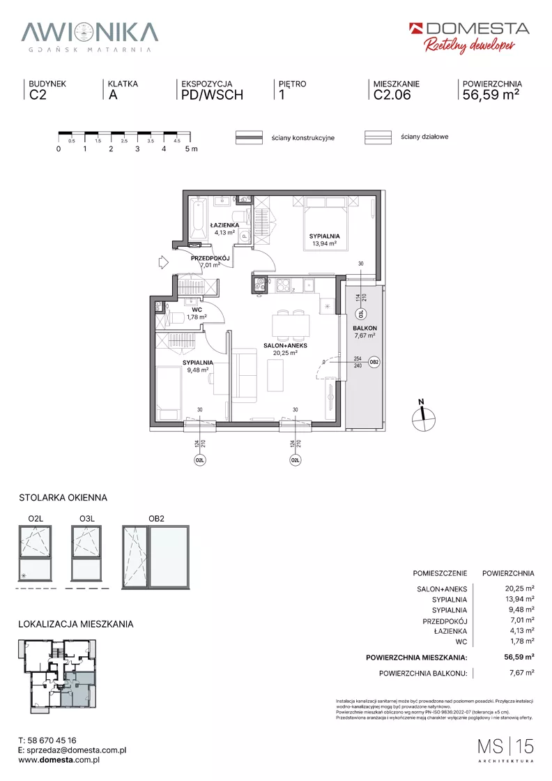 3 pokoje, mieszkanie 56,59 m², piętro 1, oferta nr C2.06, Awionika, Gdańsk, Matarnia, ul. Radiowa