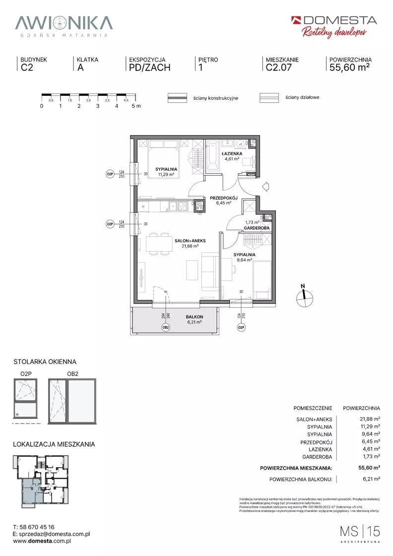 3 pokoje, mieszkanie 55,60 m², piętro 1, oferta nr C2.07, Awionika, Gdańsk, Matarnia, ul. Radiowa