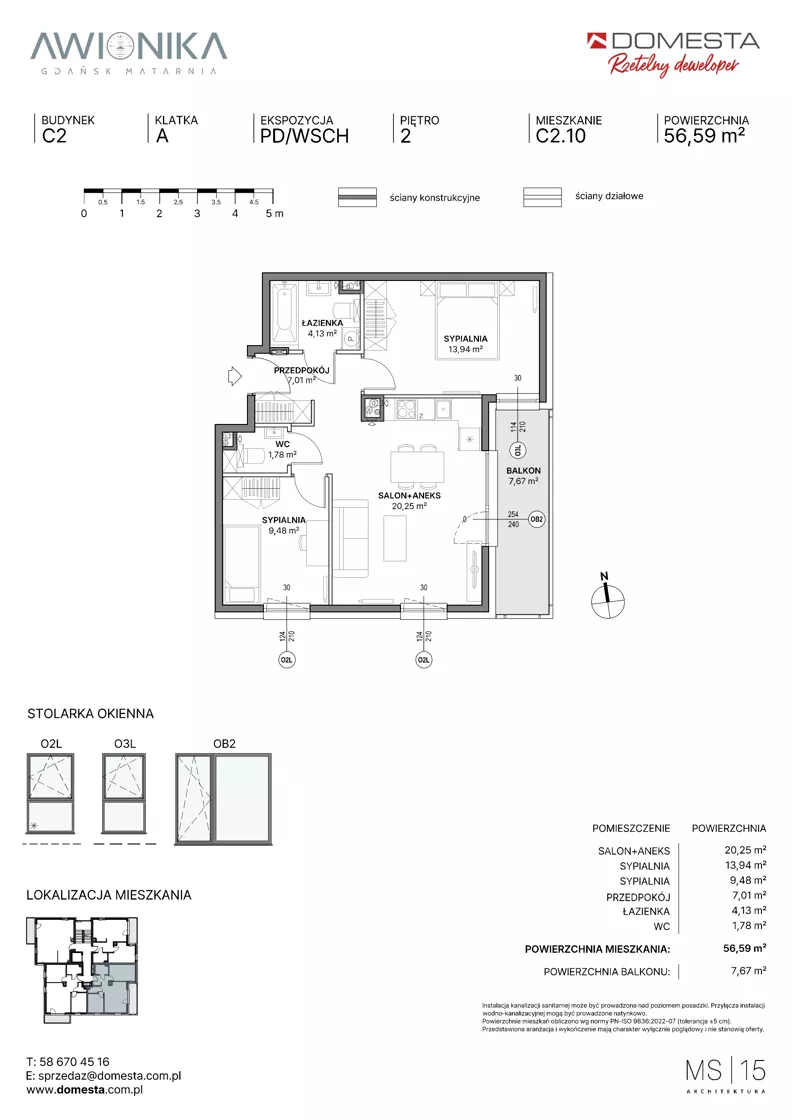 3 pokoje, mieszkanie 56,59 m², piętro 2, oferta nr C2.10, Awionika, Gdańsk, Matarnia, ul. Radiowa