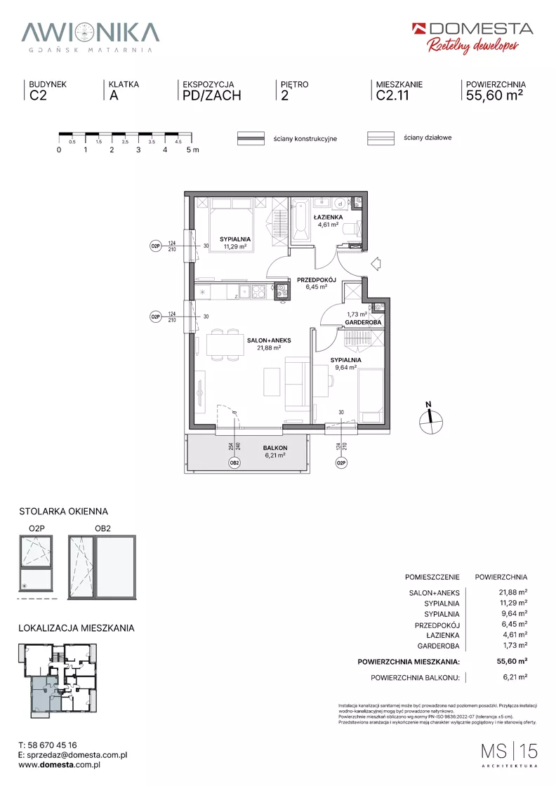 3 pokoje, mieszkanie 55,60 m², piętro 2, oferta nr C2.11, Awionika, Gdańsk, Matarnia, ul. Radiowa