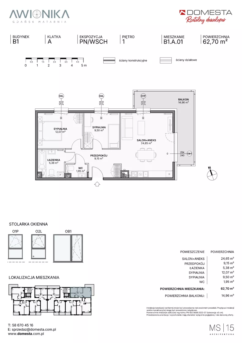 3 pokoje, mieszkanie 62,70 m², piętro 1, oferta nr B1.A.01, Awionika, Gdańsk, Matarnia, ul. Radiowa