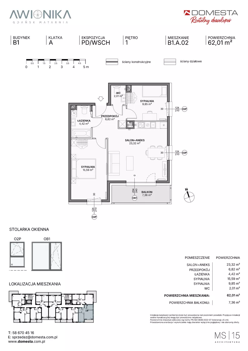 3 pokoje, mieszkanie 62,01 m², piętro 1, oferta nr B1.A.02, Awionika, Gdańsk, Matarnia, ul. Radiowa