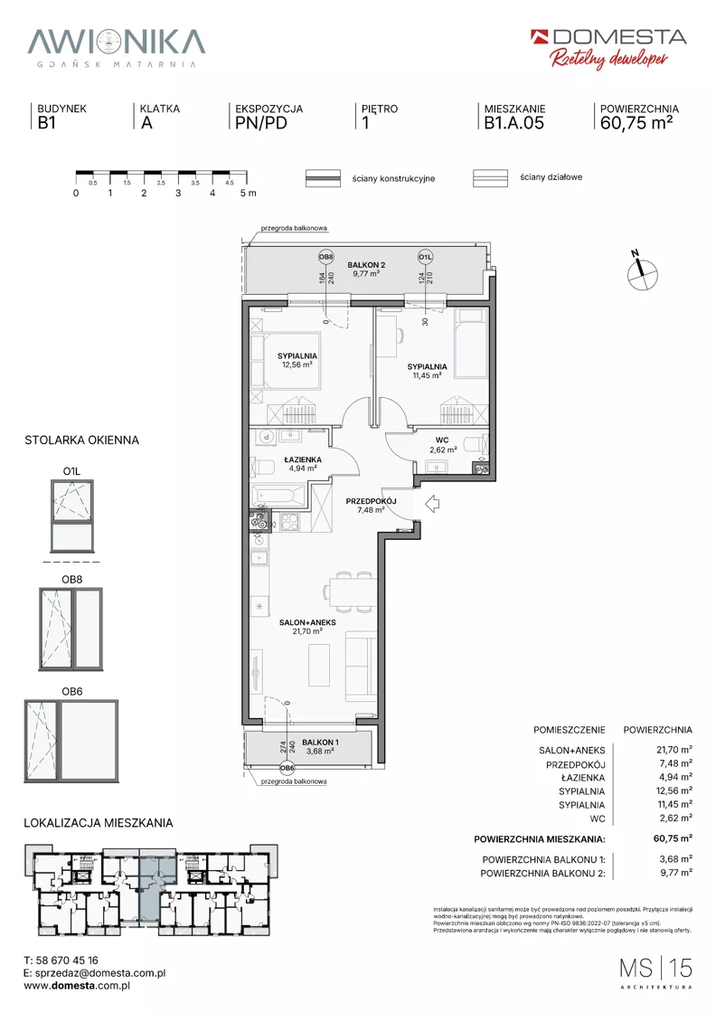 3 pokoje, mieszkanie 60,75 m², piętro 1, oferta nr B1.A.05, Awionika, Gdańsk, Matarnia, ul. Radiowa