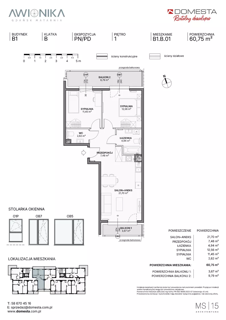 3 pokoje, mieszkanie 60,75 m², piętro 1, oferta nr B1.B.01, Awionika, Gdańsk, Matarnia, ul. Radiowa
