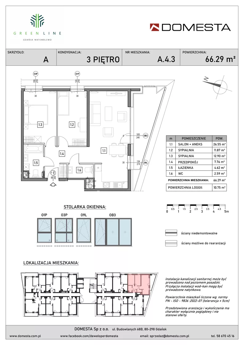 3 pokoje, mieszkanie 66,29 m², piętro 3, oferta nr A.4.3, GreenLine, Gdańsk, Piecki-Migowo, Matemblewo, ul. Rakoczego