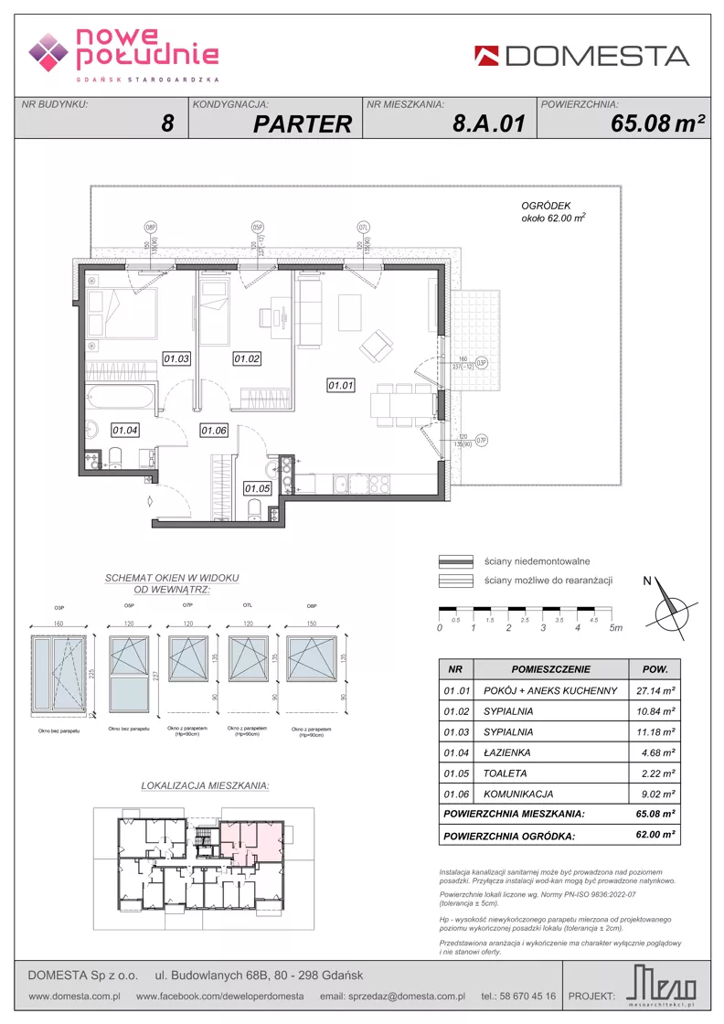 3 pokoje, mieszkanie 65,08 m², parter, oferta nr 8.A.01, Nowe Południe - budynek 8, Gdańsk, Orunia Górna-Gdańsk Południe, Maćkowy, ul. Starogrodzka / Borkowska