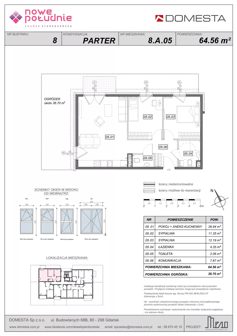 3 pokoje, mieszkanie 64,56 m², parter, oferta nr 8.A.05, Nowe Południe - budynek 8, Gdańsk, Orunia Górna-Gdańsk Południe, Maćkowy, ul. Starogrodzka / Borkowska