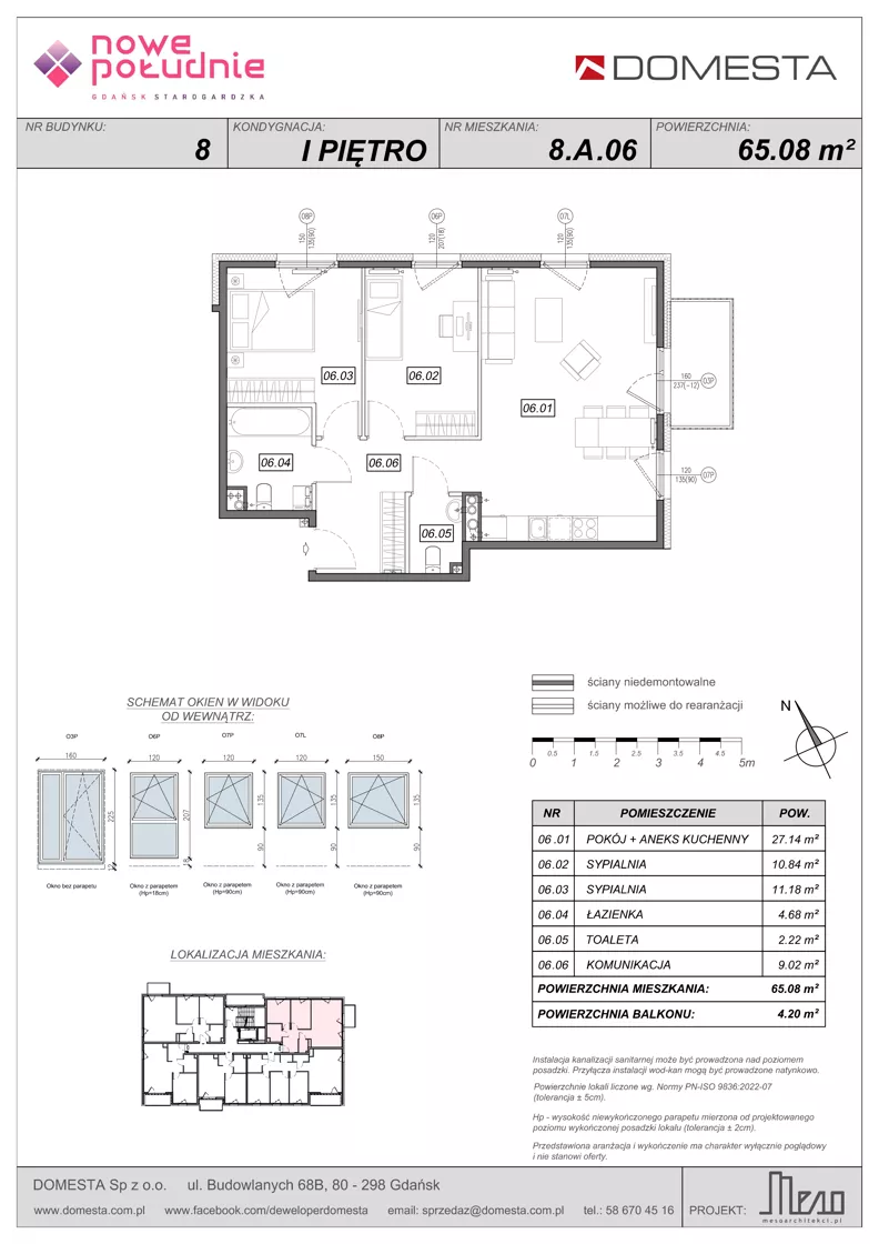 3 pokoje, mieszkanie 65,08 m², piętro 1, oferta nr 8.A.06, Nowe Południe - budynek 8, Gdańsk, Orunia Górna-Gdańsk Południe, Maćkowy, ul. Starogrodzka / Borkowska