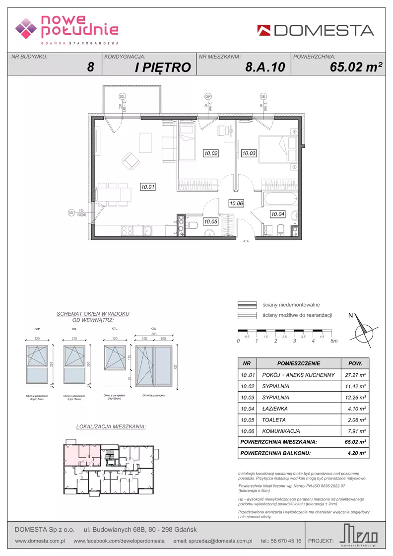 3 pokoje, mieszkanie 65,02 m², piętro 1, oferta nr 8.A.10, Nowe Południe - budynek 8, Gdańsk, Orunia Górna-Gdańsk Południe, Maćkowy, ul. Starogrodzka / Borkowska