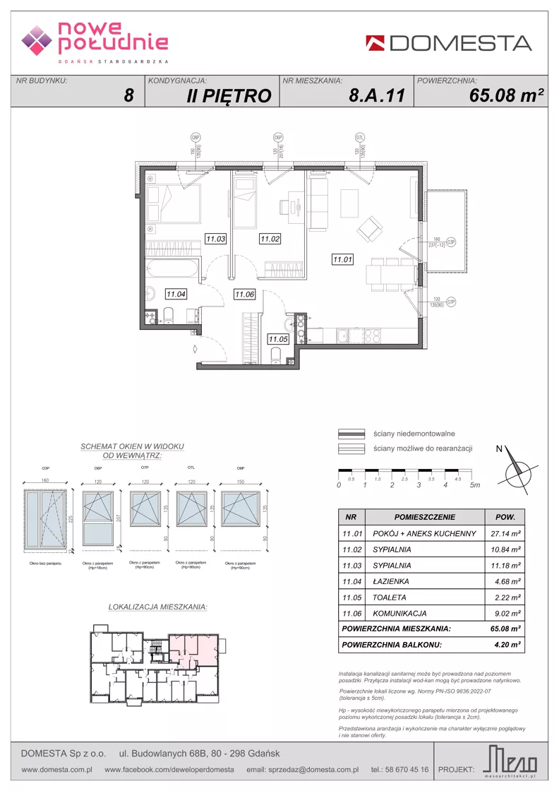 3 pokoje, mieszkanie 65,08 m², piętro 2, oferta nr 8.A.11, Nowe Południe - budynek 8, Gdańsk, Orunia Górna-Gdańsk Południe, Maćkowy, ul. Starogrodzka / Borkowska