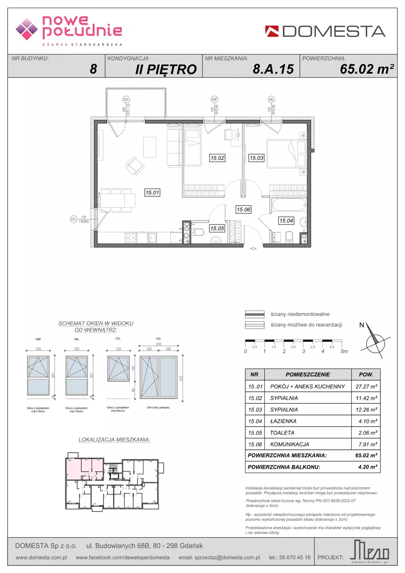 3 pokoje, mieszkanie 65,02 m², piętro 2, oferta nr 8.A.15, Nowe Południe - budynek 8, Gdańsk, Orunia Górna-Gdańsk Południe, Maćkowy, ul. Starogrodzka / Borkowska