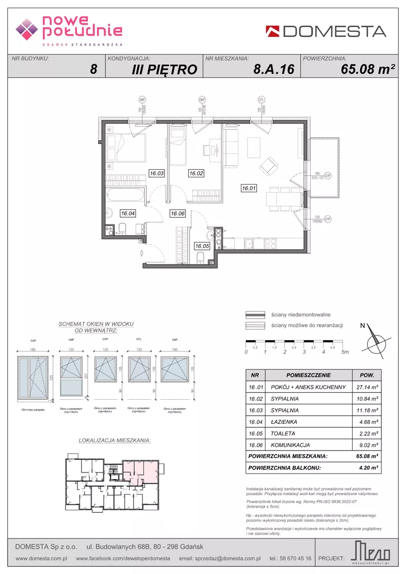 3 pokoje, mieszkanie 65,08 m², piętro 3, oferta nr 8.A.16, Nowe Południe - budynek 8, Gdańsk, Orunia Górna-Gdańsk Południe, Maćkowy, ul. Starogrodzka / Borkowska