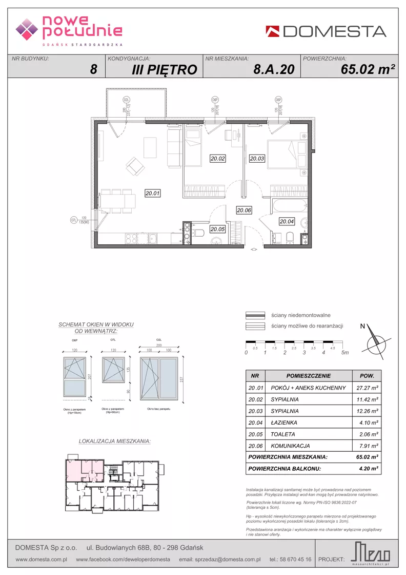 3 pokoje, mieszkanie 65,02 m², piętro 3, oferta nr 8.A.20, Nowe Południe - budynek 8, Gdańsk, Orunia Górna-Gdańsk Południe, Maćkowy, ul. Starogrodzka / Borkowska