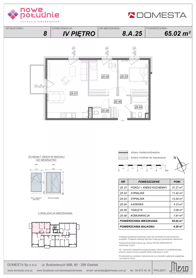 3 pokoje, mieszkanie 65,02 m², piętro 4, oferta nr 8.A.25, Nowe Południe - budynek 8, Gdańsk, Orunia Górna-Gdańsk Południe, Maćkowy, ul. Starogrodzka / Borkowska