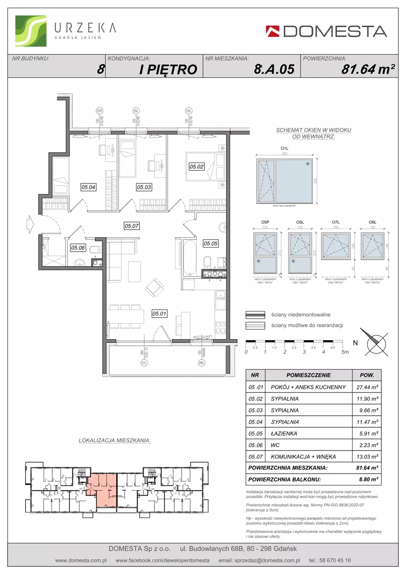 4 pokoje, mieszkanie 81,64 m², piętro 1, oferta nr 8.A.05, Urzeka - budynek 8, Gdańsk, Jasień, ul. Guderskiego / Czermińskiego