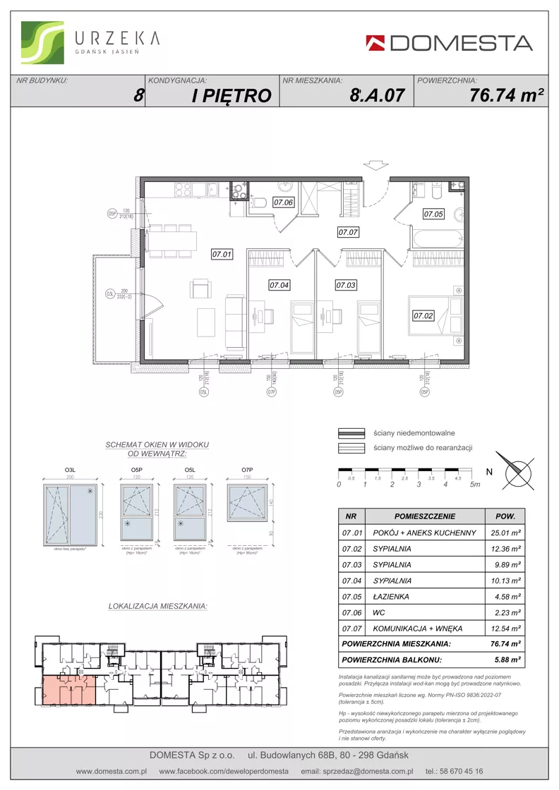 4 pokoje, mieszkanie 76,74 m², piętro 1, oferta nr 8.A.07, Urzeka - budynek 8, Gdańsk, Jasień, ul. Guderskiego / Czermińskiego