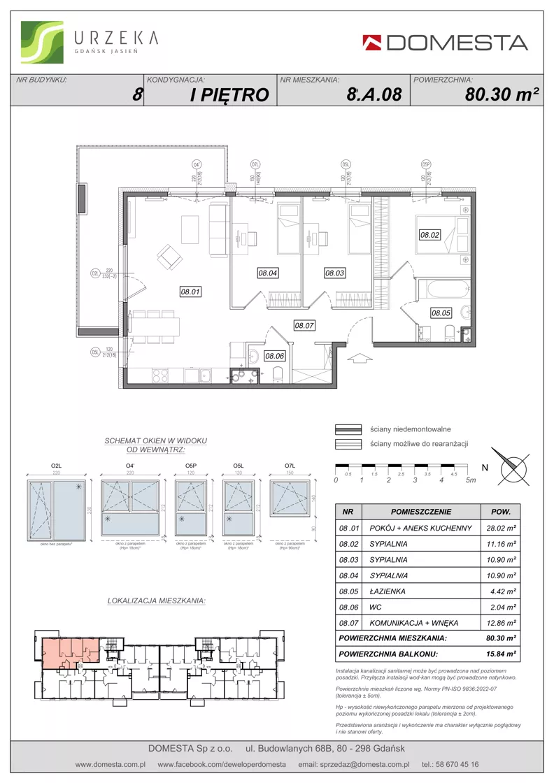 4 pokoje, mieszkanie 80,30 m², piętro 1, oferta nr 8.A.08, Urzeka - budynek 8, Gdańsk, Jasień, ul. Guderskiego / Czermińskiego