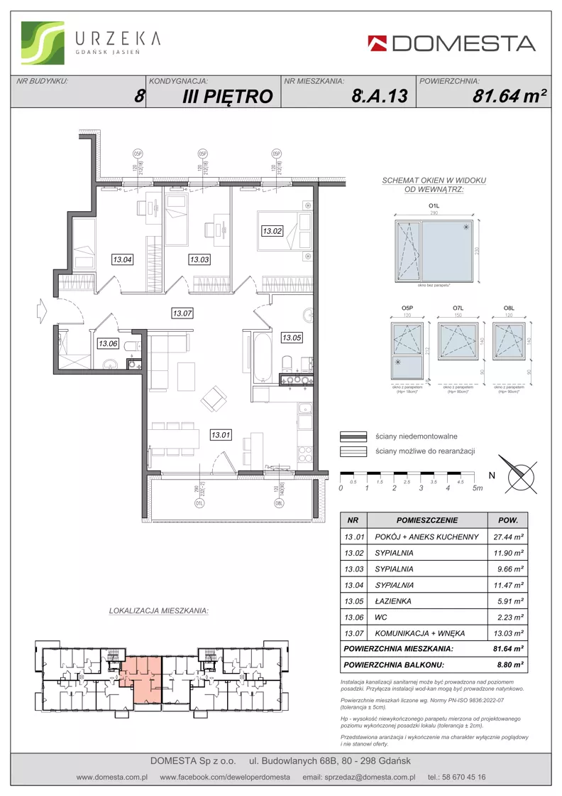 4 pokoje, mieszkanie 81,64 m², piętro 3, oferta nr 8.A.13, Urzeka - budynek 8, Gdańsk, Jasień, ul. Guderskiego / Czermińskiego