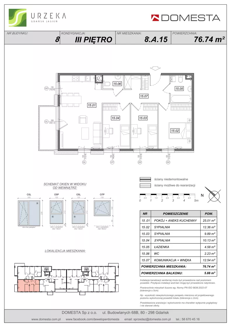 4 pokoje, mieszkanie 76,74 m², piętro 3, oferta nr 8.A.15, Urzeka - budynek 8, Gdańsk, Jasień, ul. Guderskiego / Czermińskiego