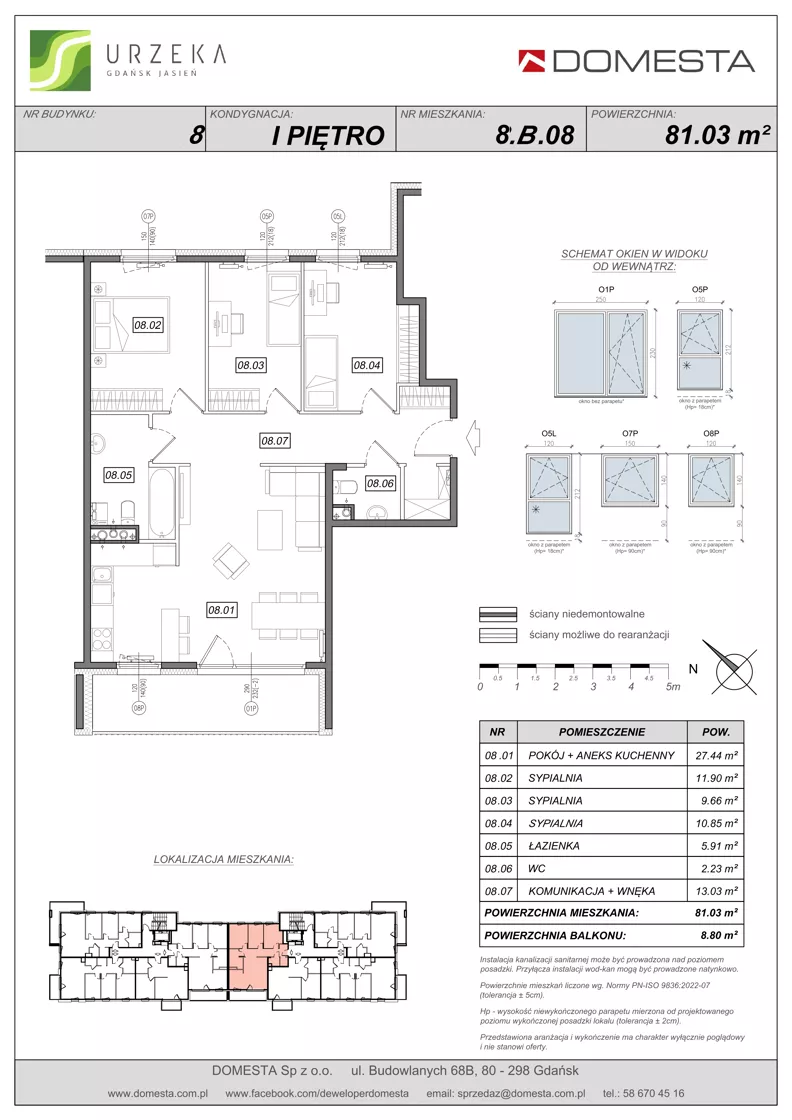 4 pokoje, mieszkanie 81,03 m², piętro 1, oferta nr 8.B.08, Urzeka - budynek 8, Gdańsk, Jasień, ul. Guderskiego / Czermińskiego