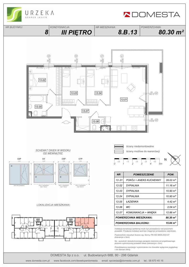 4 pokoje, mieszkanie 80,30 m², piętro 3, oferta nr 8.B.13, Urzeka - budynek 8, Gdańsk, Jasień, ul. Guderskiego / Czermińskiego