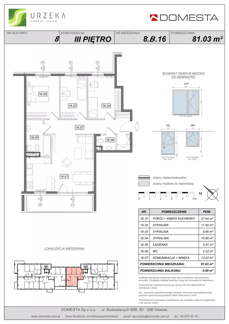 4 pokoje, mieszkanie 81,03 m², piętro 3, oferta nr 8.B.16, Urzeka - budynek 8, Gdańsk, Jasień, ul. Guderskiego / Czermińskiego