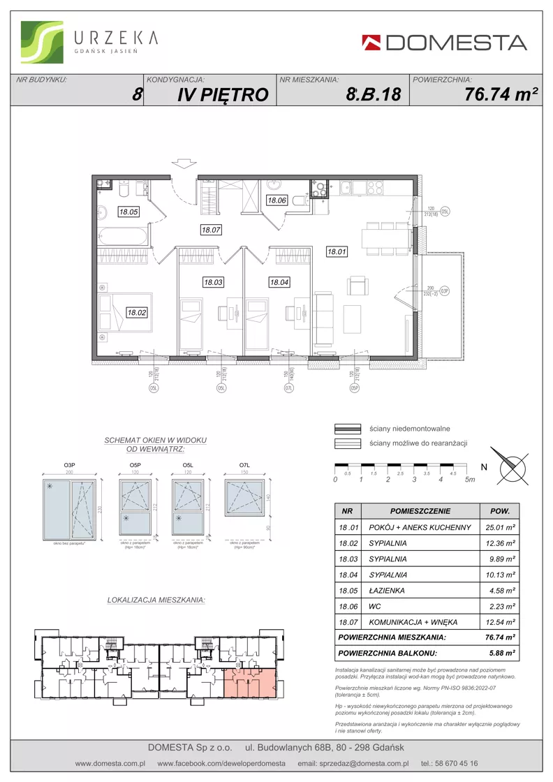 4 pokoje, mieszkanie 76,74 m², piętro 4, oferta nr 8.B.18, Urzeka - budynek 8, Gdańsk, Jasień, ul. Guderskiego / Czermińskiego