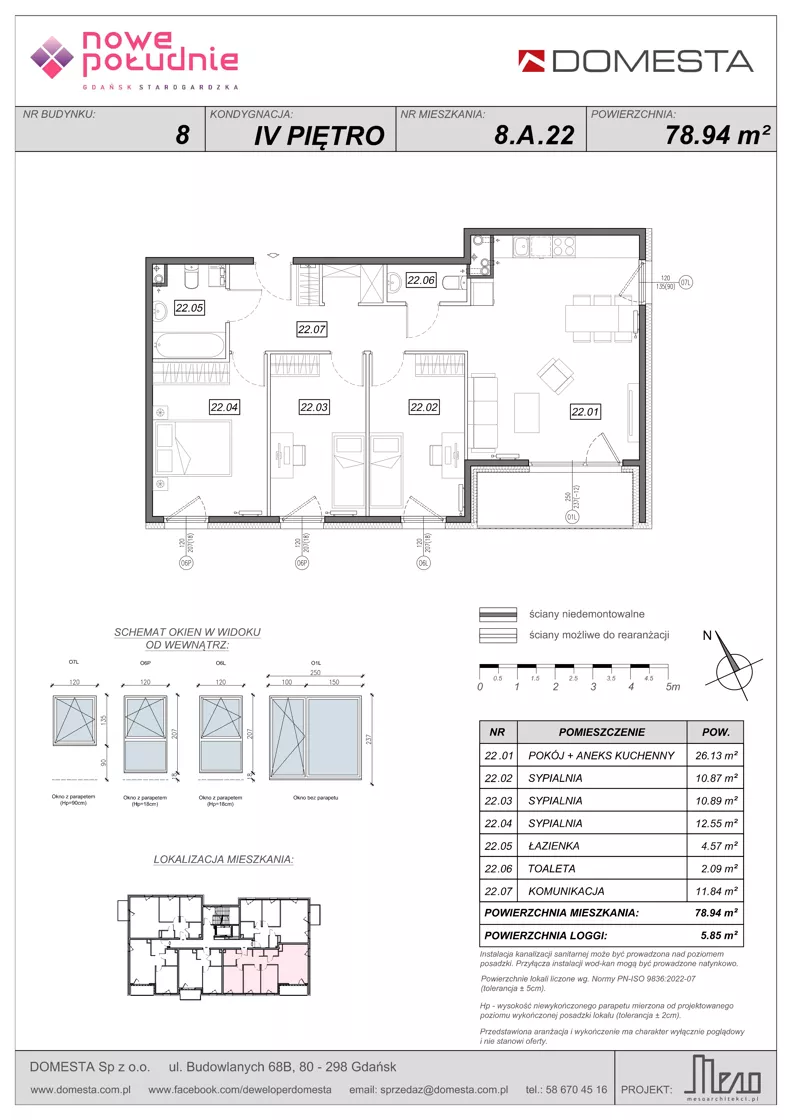 4 pokoje, mieszkanie 78,94 m², piętro 4, oferta nr 8.A.22, Nowe Południe - budynek 8, Gdańsk, Orunia Górna-Gdańsk Południe, Maćkowy, ul. Starogrodzka / Borkowska