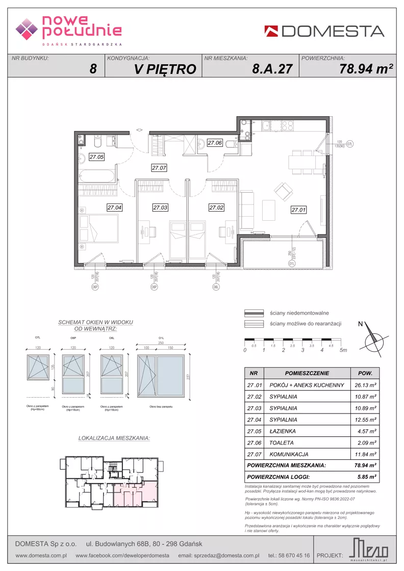 4 pokoje, mieszkanie 78,94 m², piętro 5, oferta nr 8.A.27, Nowe Południe - budynek 8, Gdańsk, Orunia Górna-Gdańsk Południe, Maćkowy, ul. Starogrodzka / Borkowska