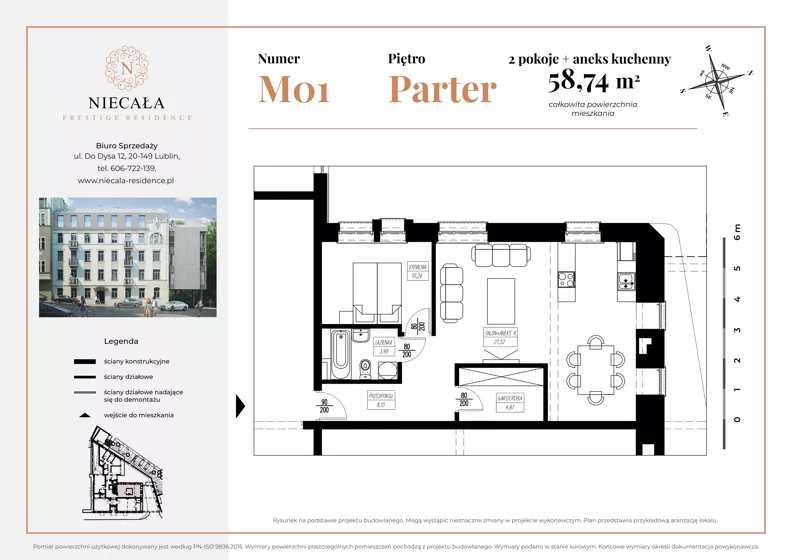 2 pokoje, apartament 58,74 m², parter, oferta nr M01, Niecała Prestige Residence, Lublin, Śródmieście, ul. Niecała 20