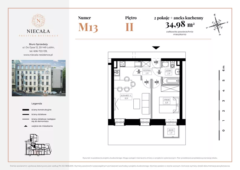 2 pokoje, apartament 34,98 m², piętro 2, oferta nr M13, Niecała Prestige Residence, Lublin, Śródmieście, ul. Niecała 20