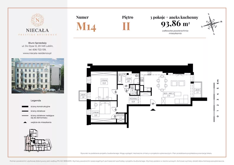 3 pokoje, apartament 93,86 m², piętro 2, oferta nr M14, Niecała Prestige Residence, Lublin, Śródmieście, ul. Niecała 20