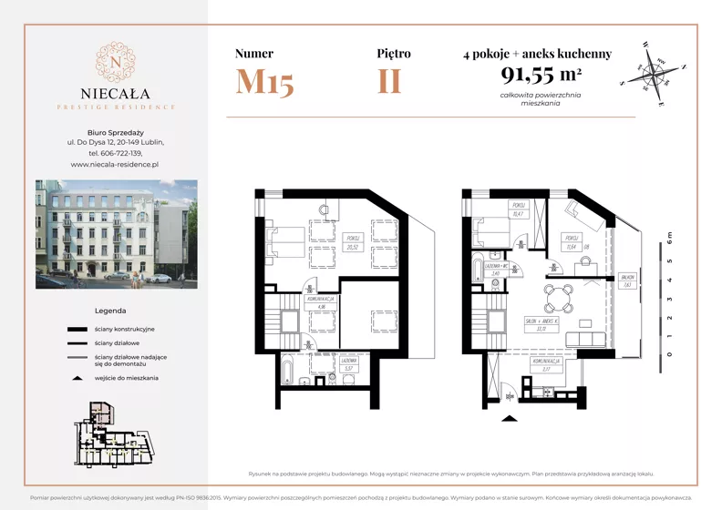 4 pokoje, apartament 91,55 m², piętro 2, oferta nr M15, Niecała Prestige Residence, Lublin, Śródmieście, ul. Niecała 20