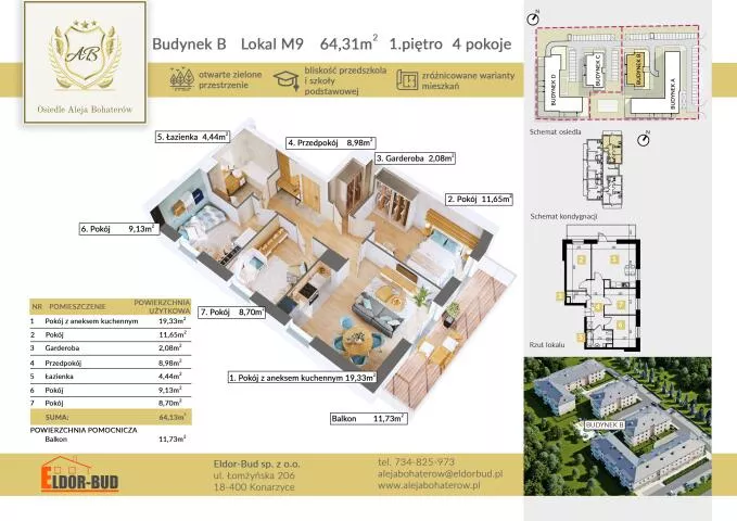 4 pokoje, mieszkanie 64,31 m², piętro 1, oferta nr , 2601, Ostrów Mazowiecka, płk. Dyplomowanego Ludwika Bociańskiego