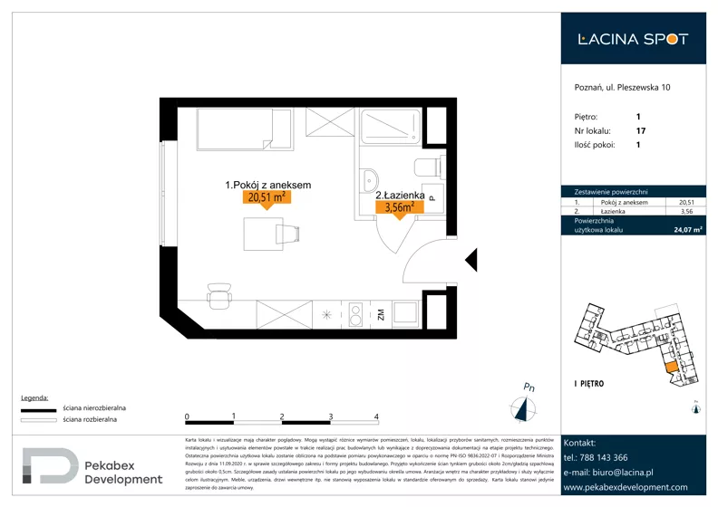 1 pokój, apartament inwestycyjny 24,07 m², piętro 1, oferta nr B.1.17, Łacina Spot, Poznań, Rataje, Łacina, ul. Pleszewska 10