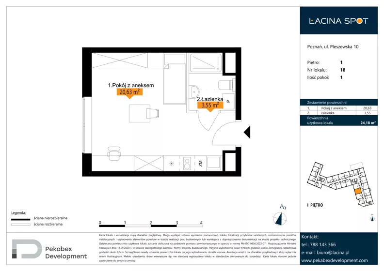1 pokój, apartament inwestycyjny 24,18 m², piętro 1, oferta nr B.1.18, Łacina Spot, Poznań, Rataje, Łacina, ul. Pleszewska 10