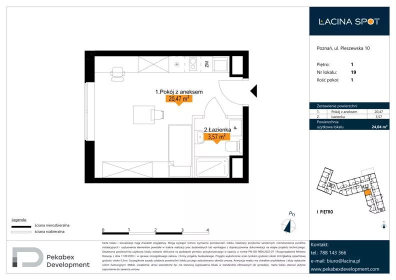 1 pokój, apartament inwestycyjny 24,04 m², piętro 1, oferta nr B.1.19, Łacina Spot, Poznań, Rataje, Łacina, ul. Pleszewska 10