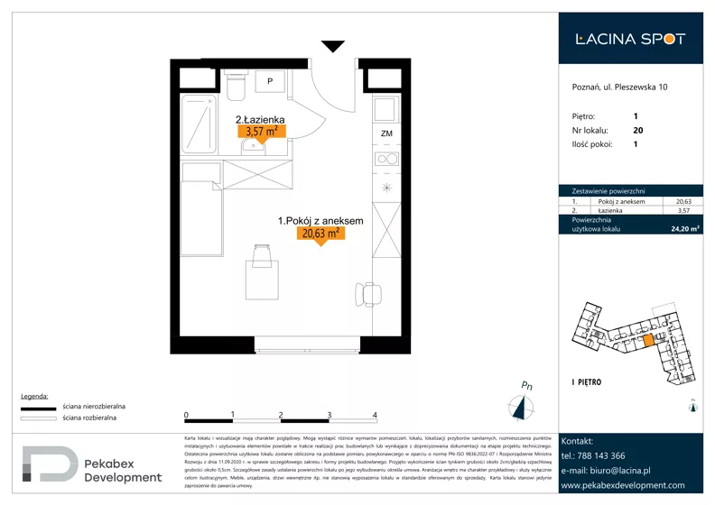 1 pokój, apartament inwestycyjny 24,20 m², piętro 1, oferta nr B.1.20, Łacina Spot, Poznań, Rataje, Łacina, ul. Pleszewska 10