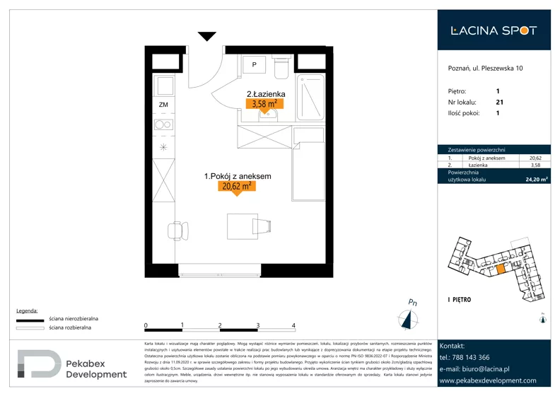 1 pokój, apartament inwestycyjny 24,20 m², piętro 1, oferta nr B.1.21, Łacina Spot, Poznań, Rataje, Łacina, ul. Pleszewska 10