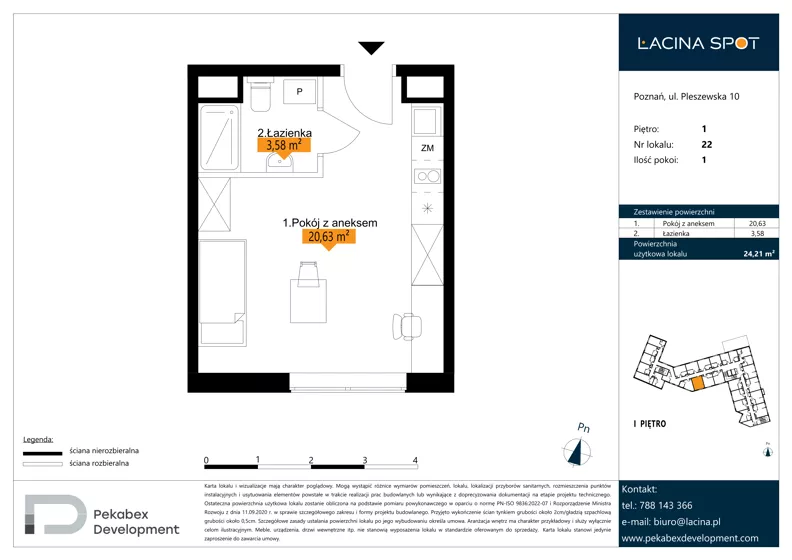 1 pokój, apartament inwestycyjny 24,21 m², piętro 1, oferta nr B.1.22, Łacina Spot, Poznań, Rataje, Łacina, ul. Pleszewska 10