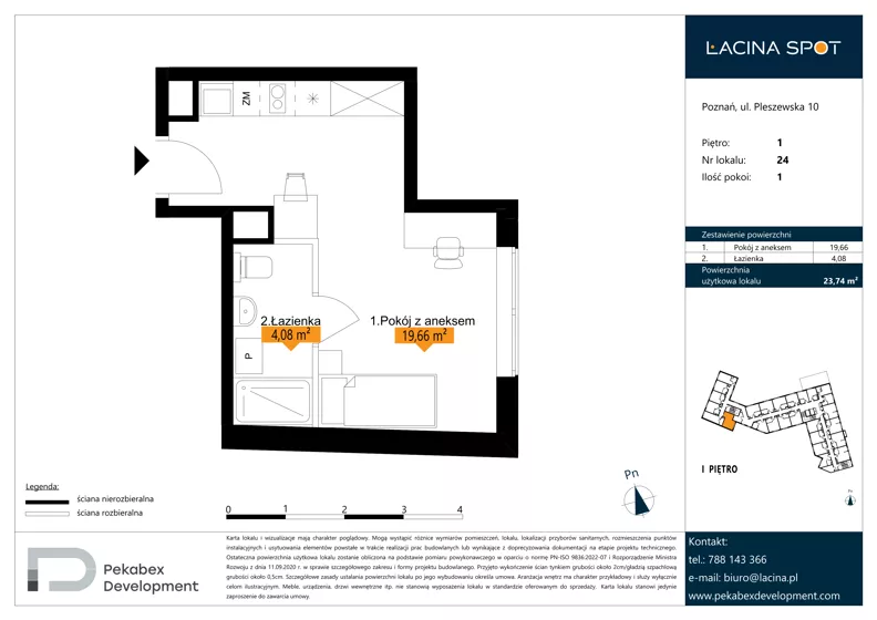 1 pokój, apartament inwestycyjny 23,74 m², piętro 1, oferta nr B.1.24, Łacina Spot, Poznań, Rataje, Łacina, ul. Pleszewska 10