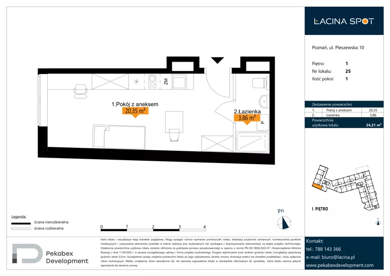 1 pokój, apartament inwestycyjny 24,21 m², piętro 1, oferta nr B.1.25, Łacina Spot, Poznań, Rataje, Łacina, ul. Pleszewska 10