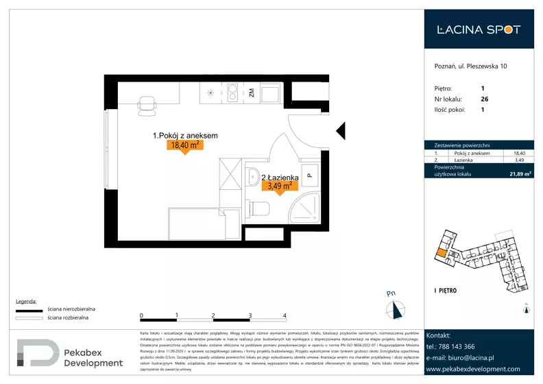 1 pokój, apartament inwestycyjny 21,89 m², piętro 1, oferta nr B.1.26, Łacina Spot, Poznań, Rataje, Łacina, ul. Pleszewska 10
