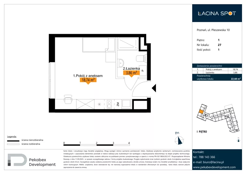 1 pokój, apartament inwestycyjny 22,60 m², piętro 1, oferta nr B.1.27, Łacina Spot, Poznań, Rataje, Łacina, ul. Pleszewska 10